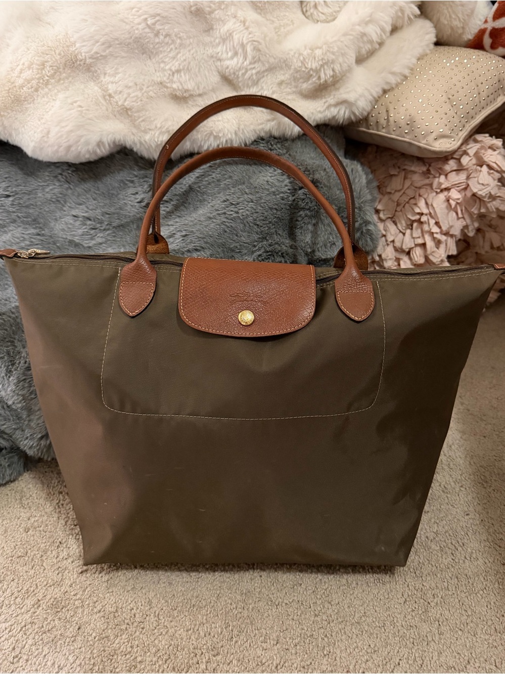 Longchamp Le Pliage Original tote bag signature leather handles and snap flap L